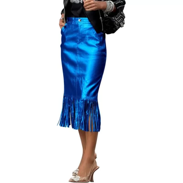 imagePRETTYGARDEN Womens Metallic Midi Party Skirt Casual High Waisted Fringe Shiny Y2K Long Pencil Skirts Fall ClothesRoyal Blue