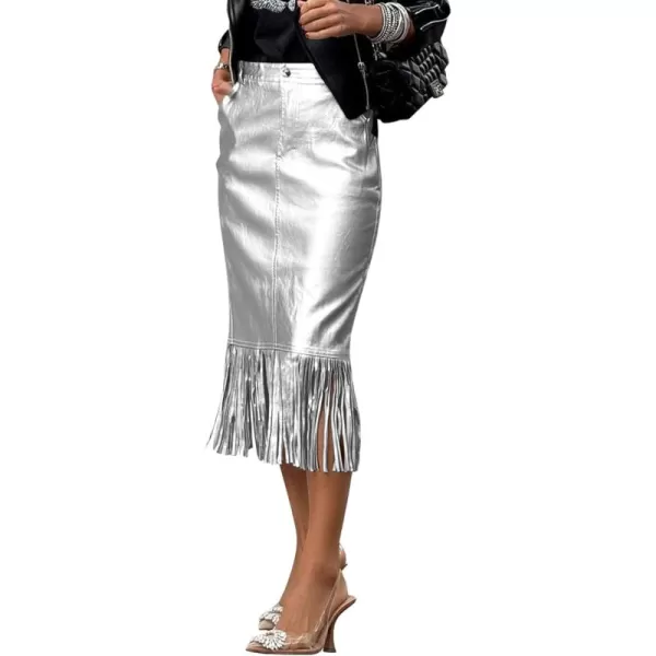 imagePRETTYGARDEN Womens Metallic Midi Party Skirt Casual High Waisted Fringe Shiny Y2K Long Pencil Skirts Fall ClothesSilver
