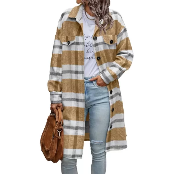 imagePRETTYGARDEN Womens Plaid Shacket 2024 Long Sleeve Button Up Flannel Shirt Winter Tartan Jacket Woolen CoatsPlaid Yellow