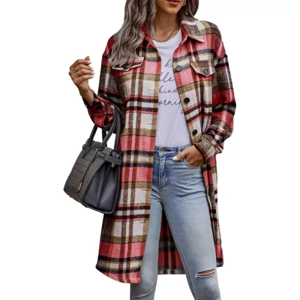 imagePRETTYGARDEN Womens Plaid Shacket 2024 Long Sleeve Button Up Flannel Shirt Winter Tartan Jacket Woolen CoatsRed