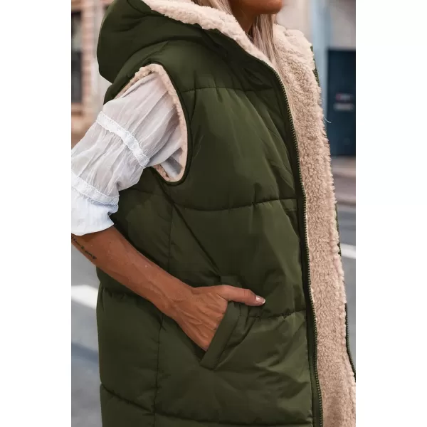 imagePRETTYGARDEN Womens 2024 Fall Reversible Vests Sleeveless Fleece Jacket Zip Up Hoodie Pockets Long Warm Winter Coat OuterwearArmy Green