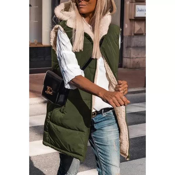 imagePRETTYGARDEN Womens 2024 Fall Reversible Vests Sleeveless Fleece Jacket Zip Up Hoodie Pockets Long Warm Winter Coat OuterwearArmy Green