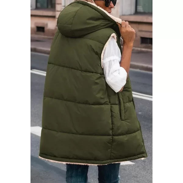 imagePRETTYGARDEN Womens 2024 Fall Reversible Vests Sleeveless Fleece Jacket Zip Up Hoodie Pockets Long Warm Winter Coat OuterwearArmy Green