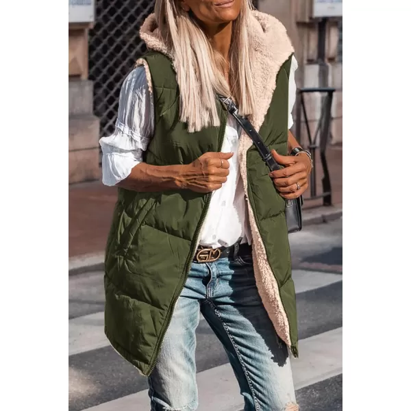 imagePRETTYGARDEN Womens 2024 Fall Reversible Vests Sleeveless Fleece Jacket Zip Up Hoodie Pockets Long Warm Winter Coat OuterwearArmy Green