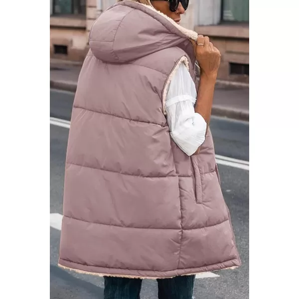 imagePRETTYGARDEN Womens 2024 Fall Reversible Vests Sleeveless Fleece Jacket Zip Up Hoodie Pockets Long Warm Winter Coat OuterwearBean Paste Pink