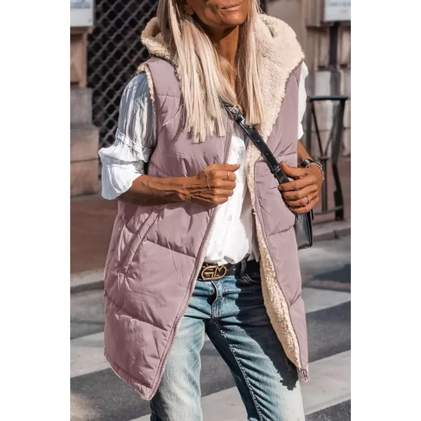 imagePRETTYGARDEN Womens 2024 Fall Reversible Vests Sleeveless Fleece Jacket Zip Up Hoodie Pockets Long Warm Winter Coat OuterwearBean Paste Pink