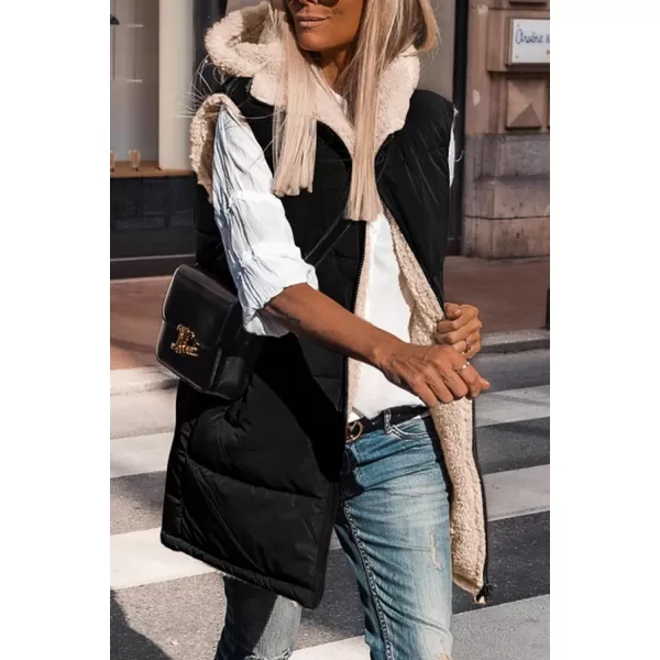 imagePRETTYGARDEN Womens 2024 Fall Reversible Vests Sleeveless Fleece Jacket Zip Up Hoodie Pockets Long Warm Winter Coat OuterwearBlack