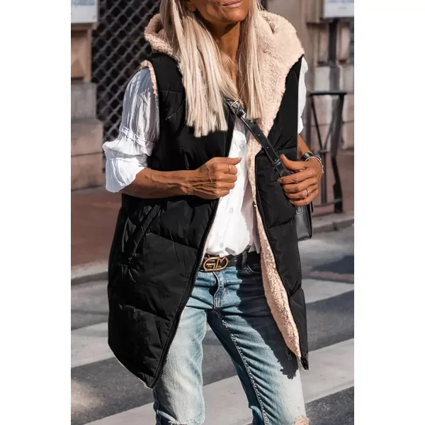 imagePRETTYGARDEN Womens 2024 Fall Reversible Vests Sleeveless Fleece Jacket Zip Up Hoodie Pockets Long Warm Winter Coat OuterwearBlack