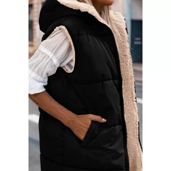 imagePRETTYGARDEN Womens 2024 Fall Reversible Vests Sleeveless Fleece Jacket Zip Up Hoodie Pockets Long Warm Winter Coat OuterwearBlack