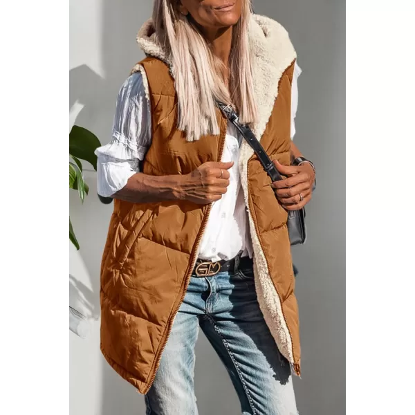 imagePRETTYGARDEN Womens 2024 Fall Reversible Vests Sleeveless Fleece Jacket Zip Up Hoodie Pockets Long Warm Winter Coat OuterwearBrown