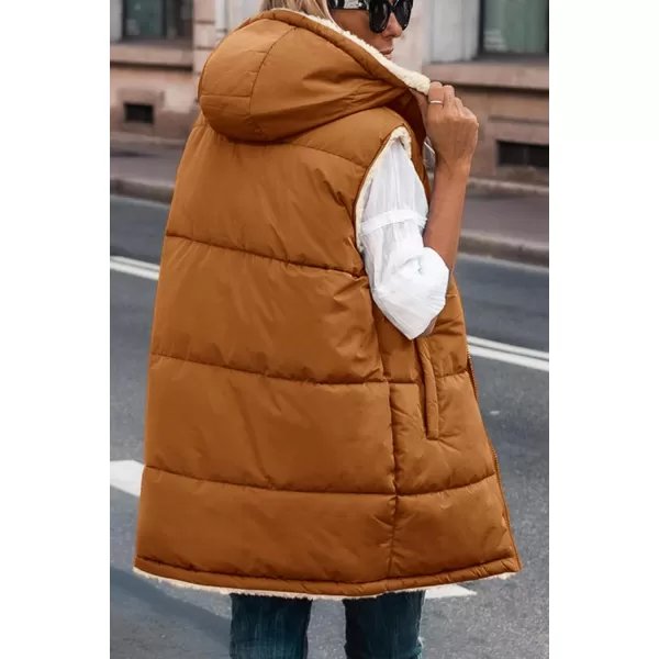 imagePRETTYGARDEN Womens 2024 Fall Reversible Vests Sleeveless Fleece Jacket Zip Up Hoodie Pockets Long Warm Winter Coat OuterwearBrown