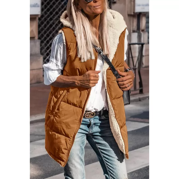 imagePRETTYGARDEN Womens 2024 Fall Reversible Vests Sleeveless Fleece Jacket Zip Up Hoodie Pockets Long Warm Winter Coat OuterwearBrown