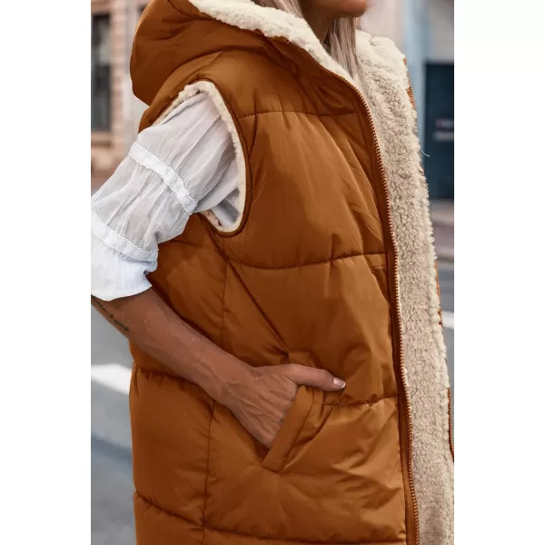 imagePRETTYGARDEN Womens 2024 Fall Reversible Vests Sleeveless Fleece Jacket Zip Up Hoodie Pockets Long Warm Winter Coat OuterwearBrown