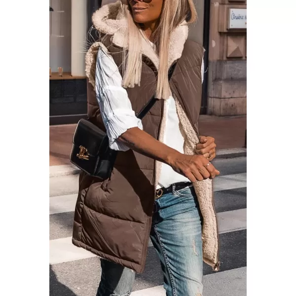 imagePRETTYGARDEN Womens 2024 Fall Reversible Vests Sleeveless Fleece Jacket Zip Up Hoodie Pockets Long Warm Winter Coat OuterwearCoffee