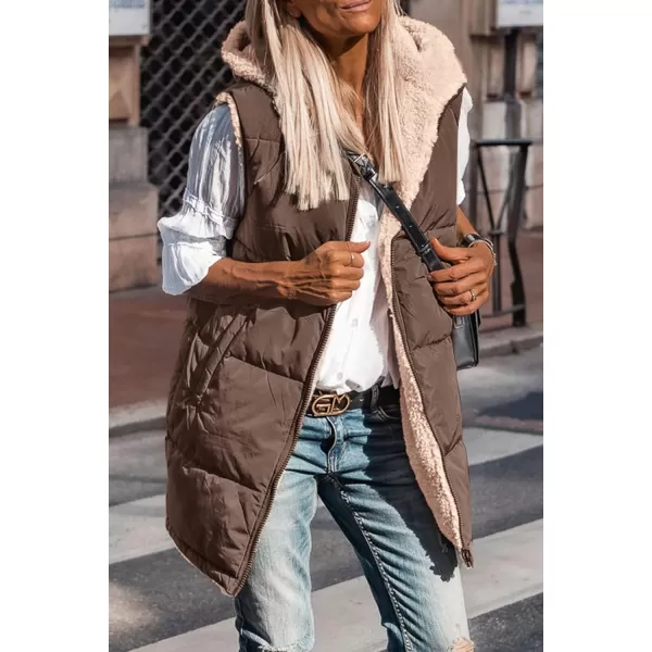 imagePRETTYGARDEN Womens 2024 Fall Reversible Vests Sleeveless Fleece Jacket Zip Up Hoodie Pockets Long Warm Winter Coat OuterwearCoffee