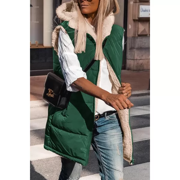 imagePRETTYGARDEN Womens 2024 Fall Reversible Vests Sleeveless Fleece Jacket Zip Up Hoodie Pockets Long Warm Winter Coat OuterwearDark Green