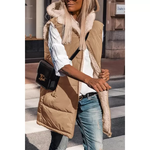 imagePRETTYGARDEN Womens 2024 Fall Reversible Vests Sleeveless Fleece Jacket Zip Up Hoodie Pockets Long Warm Winter Coat OuterwearLight Camel