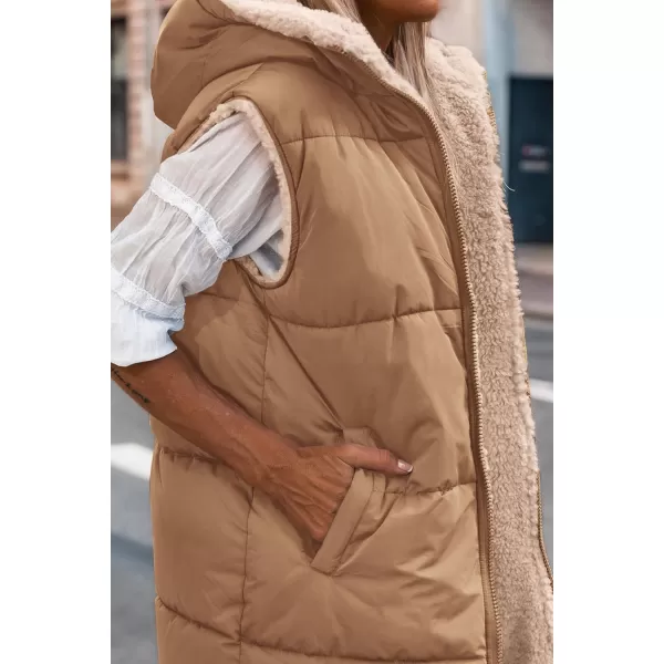 imagePRETTYGARDEN Womens 2024 Fall Reversible Vests Sleeveless Fleece Jacket Zip Up Hoodie Pockets Long Warm Winter Coat OuterwearLight Camel