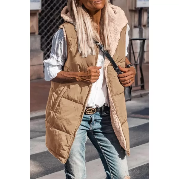 imagePRETTYGARDEN Womens 2024 Fall Reversible Vests Sleeveless Fleece Jacket Zip Up Hoodie Pockets Long Warm Winter Coat OuterwearLight Camel