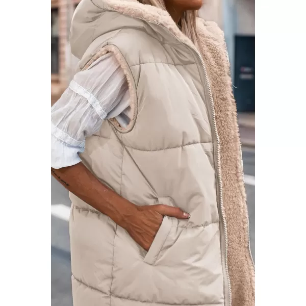 imagePRETTYGARDEN Womens 2024 Fall Reversible Vests Sleeveless Fleece Jacket Zip Up Hoodie Pockets Long Warm Winter Coat OuterwearLight Khaki