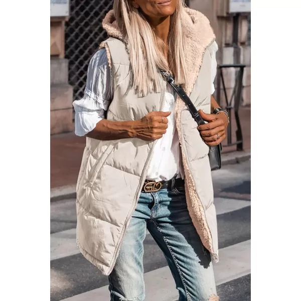 imagePRETTYGARDEN Womens 2024 Fall Reversible Vests Sleeveless Fleece Jacket Zip Up Hoodie Pockets Long Warm Winter Coat OuterwearLight Khaki