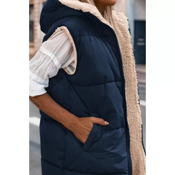 imagePRETTYGARDEN Womens 2024 Fall Reversible Vests Sleeveless Fleece Jacket Zip Up Hoodie Pockets Long Warm Winter Coat OuterwearNavy