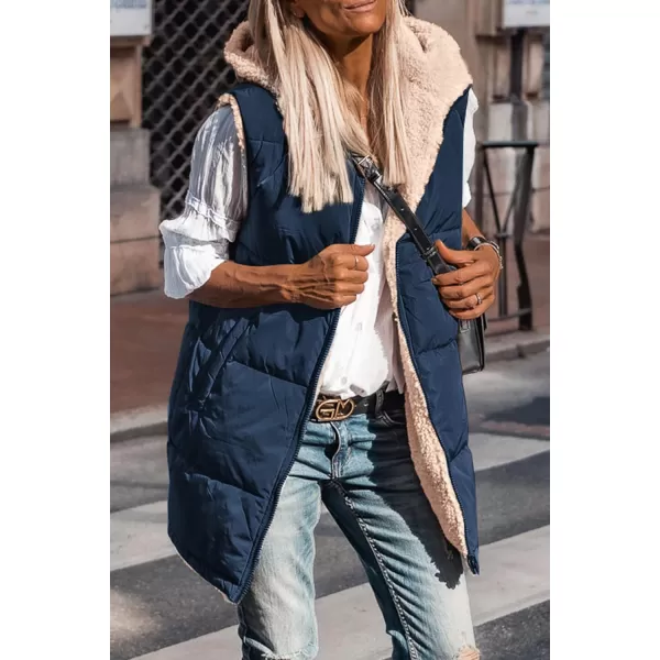 imagePRETTYGARDEN Womens 2024 Fall Reversible Vests Sleeveless Fleece Jacket Zip Up Hoodie Pockets Long Warm Winter Coat OuterwearNavy
