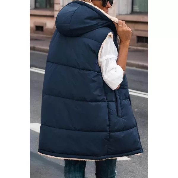 imagePRETTYGARDEN Womens 2024 Fall Reversible Vests Sleeveless Fleece Jacket Zip Up Hoodie Pockets Long Warm Winter Coat OuterwearNavy