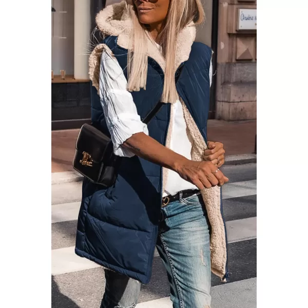 imagePRETTYGARDEN Womens 2024 Fall Reversible Vests Sleeveless Fleece Jacket Zip Up Hoodie Pockets Long Warm Winter Coat OuterwearNavy
