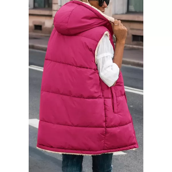 imagePRETTYGARDEN Womens 2024 Fall Reversible Vests Sleeveless Fleece Jacket Zip Up Hoodie Pockets Long Warm Winter Coat OuterwearRose Red