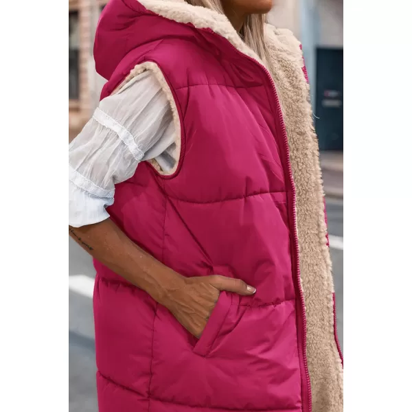 imagePRETTYGARDEN Womens 2024 Fall Reversible Vests Sleeveless Fleece Jacket Zip Up Hoodie Pockets Long Warm Winter Coat OuterwearRose Red