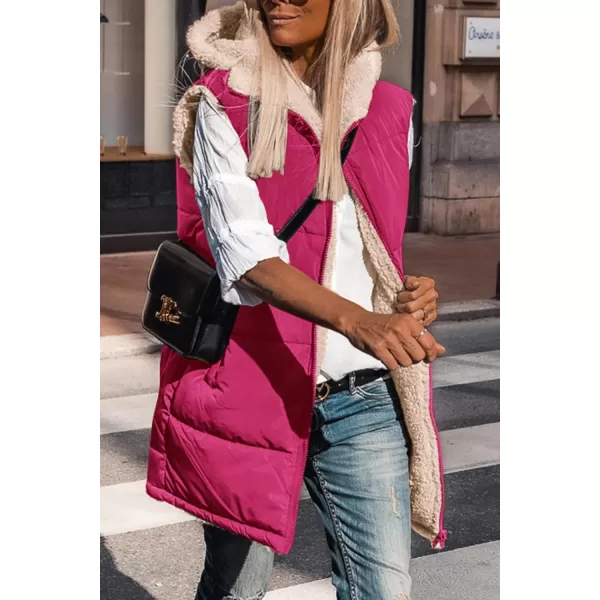 imagePRETTYGARDEN Womens 2024 Fall Reversible Vests Sleeveless Fleece Jacket Zip Up Hoodie Pockets Long Warm Winter Coat OuterwearRose Red