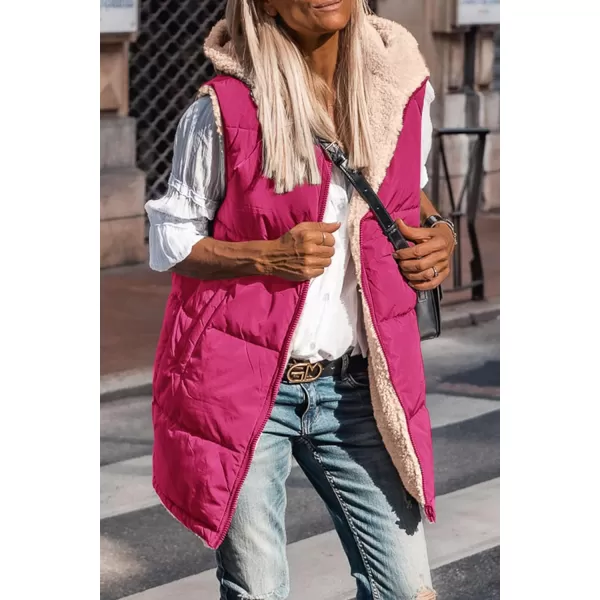 imagePRETTYGARDEN Womens 2024 Fall Reversible Vests Sleeveless Fleece Jacket Zip Up Hoodie Pockets Long Warm Winter Coat OuterwearRose Red