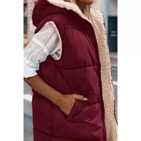imagePRETTYGARDEN Womens 2024 Fall Reversible Vests Sleeveless Fleece Jacket Zip Up Hoodie Pockets Long Warm Winter Coat OuterwearWine Red