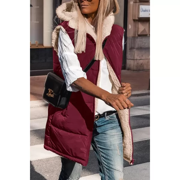 imagePRETTYGARDEN Womens 2024 Fall Reversible Vests Sleeveless Fleece Jacket Zip Up Hoodie Pockets Long Warm Winter Coat OuterwearWine Red
