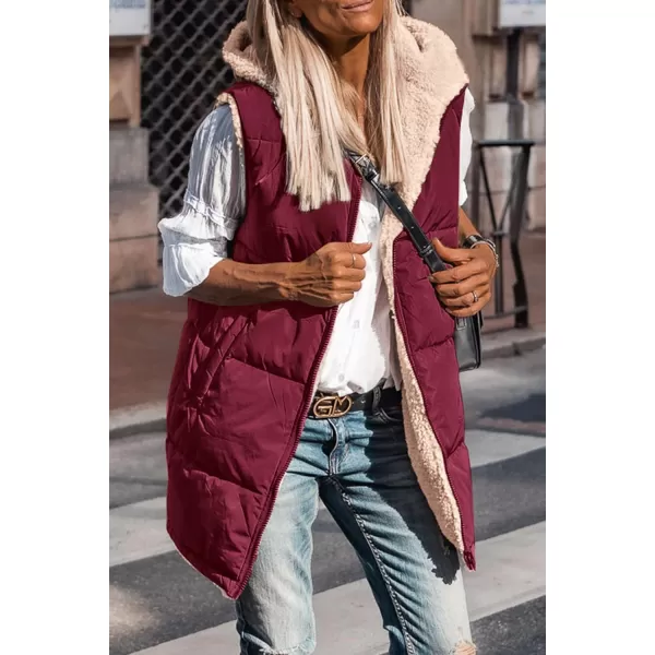 imagePRETTYGARDEN Womens 2024 Fall Reversible Vests Sleeveless Fleece Jacket Zip Up Hoodie Pockets Long Warm Winter Coat OuterwearWine Red