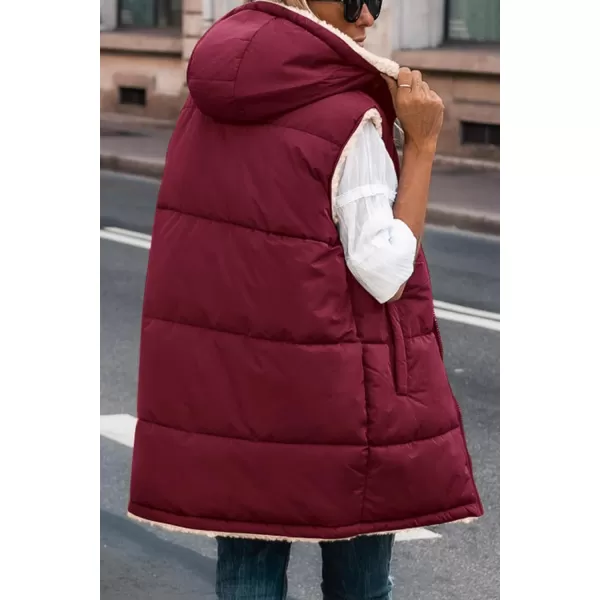 imagePRETTYGARDEN Womens 2024 Fall Reversible Vests Sleeveless Fleece Jacket Zip Up Hoodie Pockets Long Warm Winter Coat OuterwearWine Red