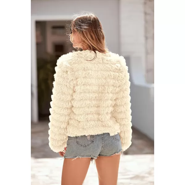imagePRETTYGARDEN Womens 2024 Winter Coats Fashion Faux Fur Long Sleeve Fleece Shaggy Lightweight Fall Cropped Jacket OuterwearBeige Yellow