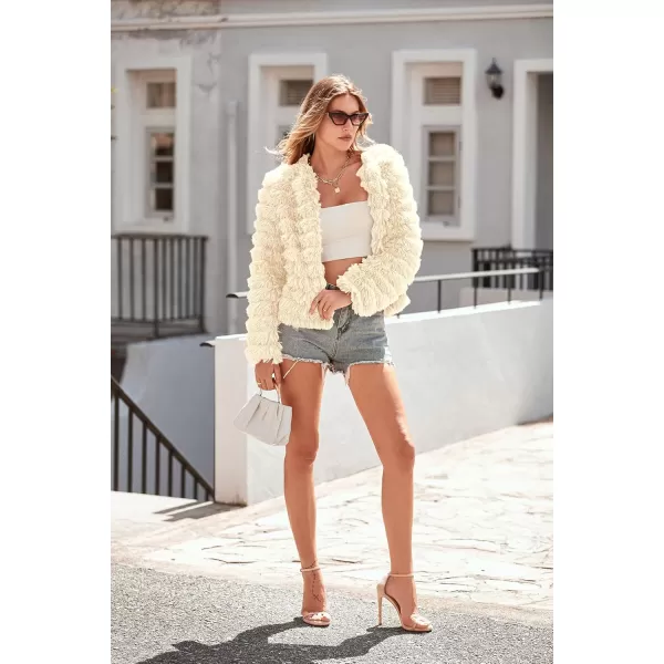 imagePRETTYGARDEN Womens 2024 Winter Coats Fashion Faux Fur Long Sleeve Fleece Shaggy Lightweight Fall Cropped Jacket OuterwearBeige Yellow