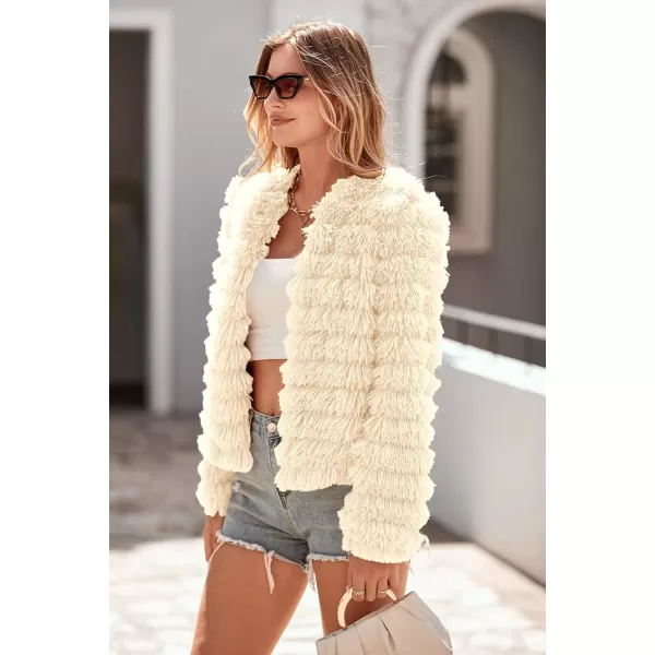 imagePRETTYGARDEN Womens 2024 Winter Coats Fashion Faux Fur Long Sleeve Fleece Shaggy Lightweight Fall Cropped Jacket OuterwearBeige Yellow