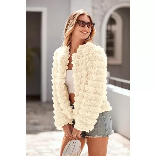 imagePRETTYGARDEN Womens 2024 Winter Coats Fashion Faux Fur Long Sleeve Fleece Shaggy Lightweight Fall Cropped Jacket OuterwearBeige Yellow