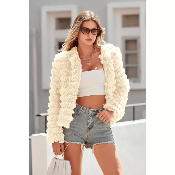 imagePRETTYGARDEN Womens 2024 Winter Coats Fashion Faux Fur Long Sleeve Fleece Shaggy Lightweight Fall Cropped Jacket OuterwearBeige Yellow
