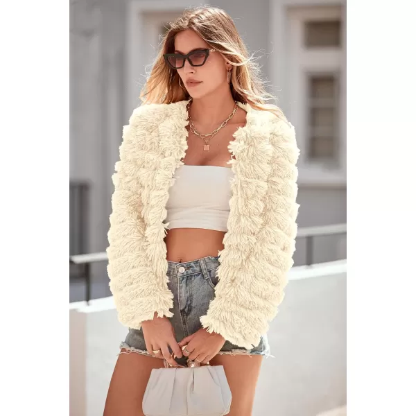 imagePRETTYGARDEN Womens 2024 Winter Coats Fashion Faux Fur Long Sleeve Fleece Shaggy Lightweight Fall Cropped Jacket OuterwearBeige Yellow
