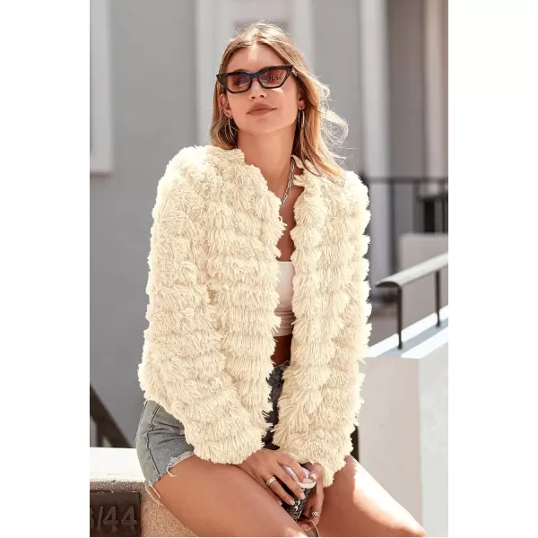 imagePRETTYGARDEN Womens 2024 Winter Coats Fashion Faux Fur Long Sleeve Fleece Shaggy Lightweight Fall Cropped Jacket OuterwearBeige Yellow