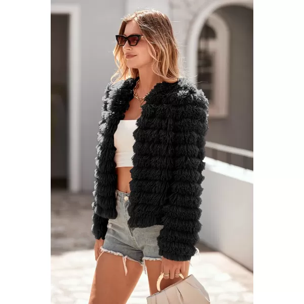imagePRETTYGARDEN Womens 2024 Winter Coats Fashion Faux Fur Long Sleeve Fleece Shaggy Lightweight Fall Cropped Jacket OuterwearBlack