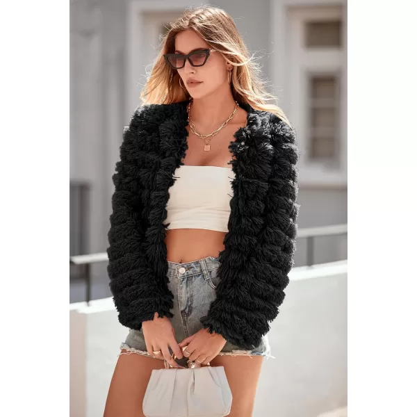 imagePRETTYGARDEN Womens 2024 Winter Coats Fashion Faux Fur Long Sleeve Fleece Shaggy Lightweight Fall Cropped Jacket OuterwearBlack