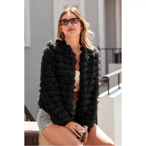 imagePRETTYGARDEN Womens 2024 Winter Coats Fashion Faux Fur Long Sleeve Fleece Shaggy Lightweight Fall Cropped Jacket OuterwearBlack