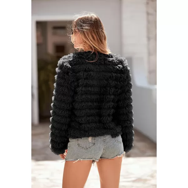 imagePRETTYGARDEN Womens 2024 Winter Coats Fashion Faux Fur Long Sleeve Fleece Shaggy Lightweight Fall Cropped Jacket OuterwearBlack