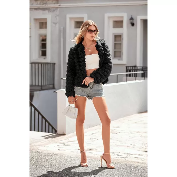 imagePRETTYGARDEN Womens 2024 Winter Coats Fashion Faux Fur Long Sleeve Fleece Shaggy Lightweight Fall Cropped Jacket OuterwearBlack