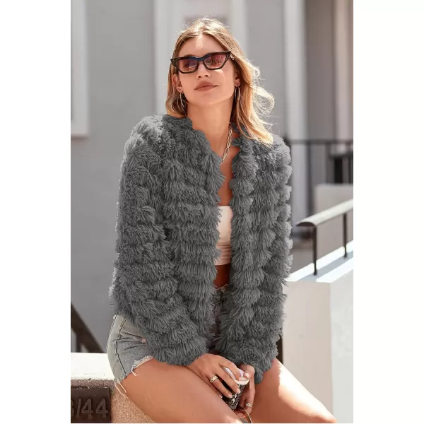 imagePRETTYGARDEN Womens 2024 Winter Coats Fashion Faux Fur Long Sleeve Fleece Shaggy Lightweight Fall Cropped Jacket OuterwearDark Grey